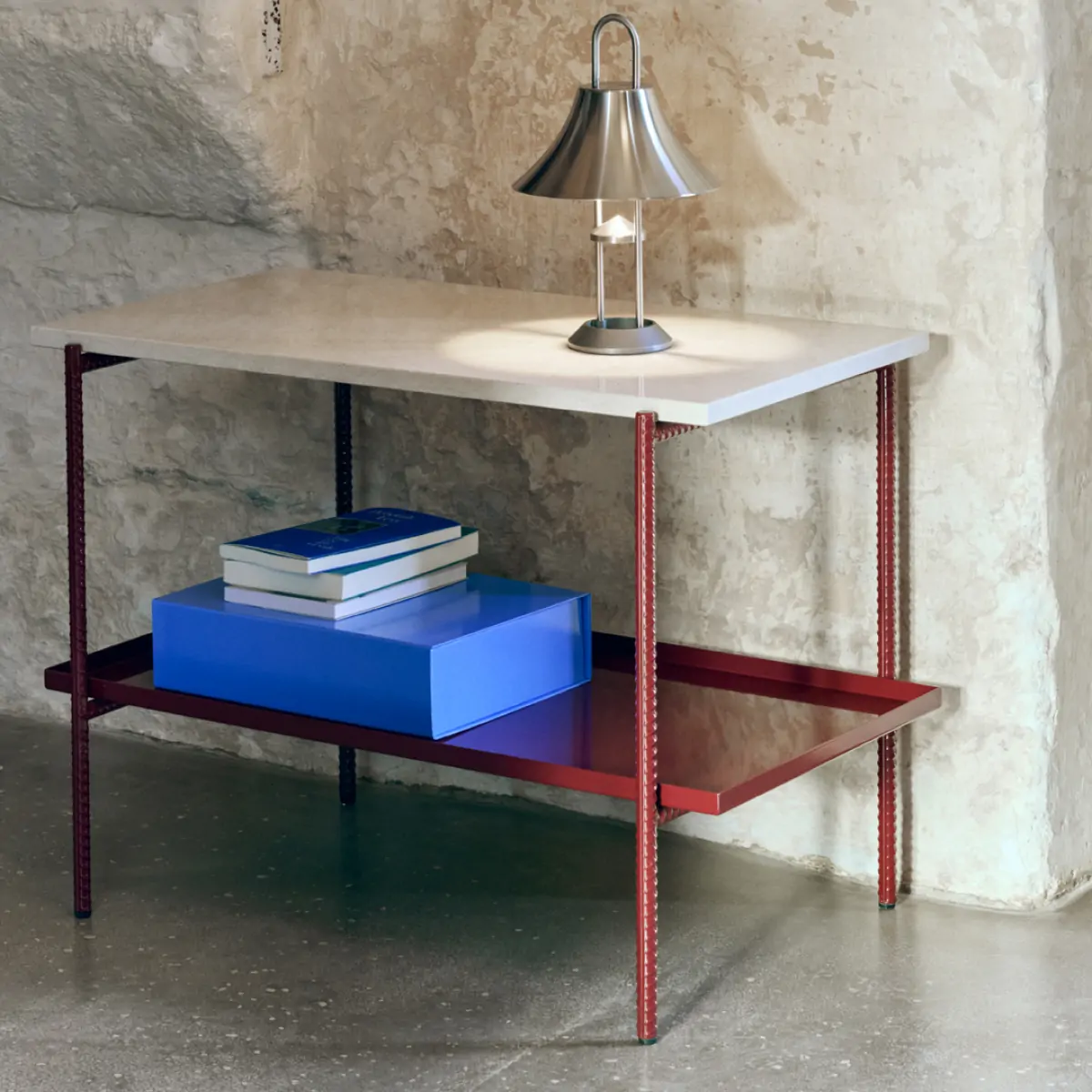 Rebar Side Table grey marble tabletop_barn red tray_Mousqueton brushed steel_Colour Storage M sky blue 1