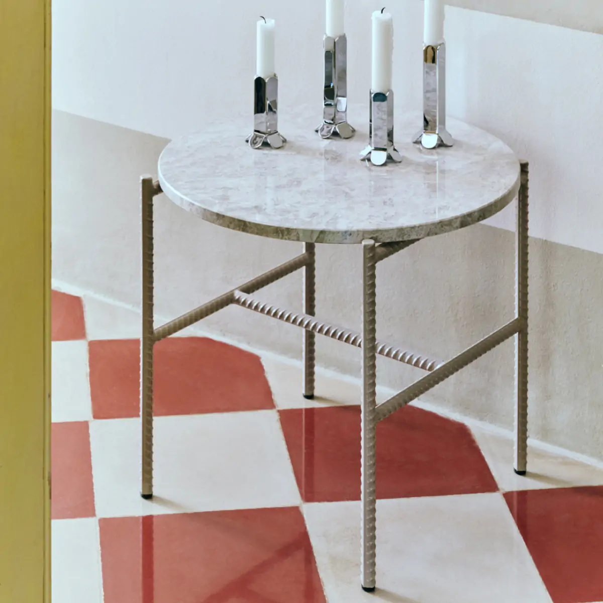 Rebar Side Table Ø45xH40.5_grey marble tabletop_fossil grey powder coated frame_Arcs Candleholder S mirror_Arcs Candleholder L mirror 1