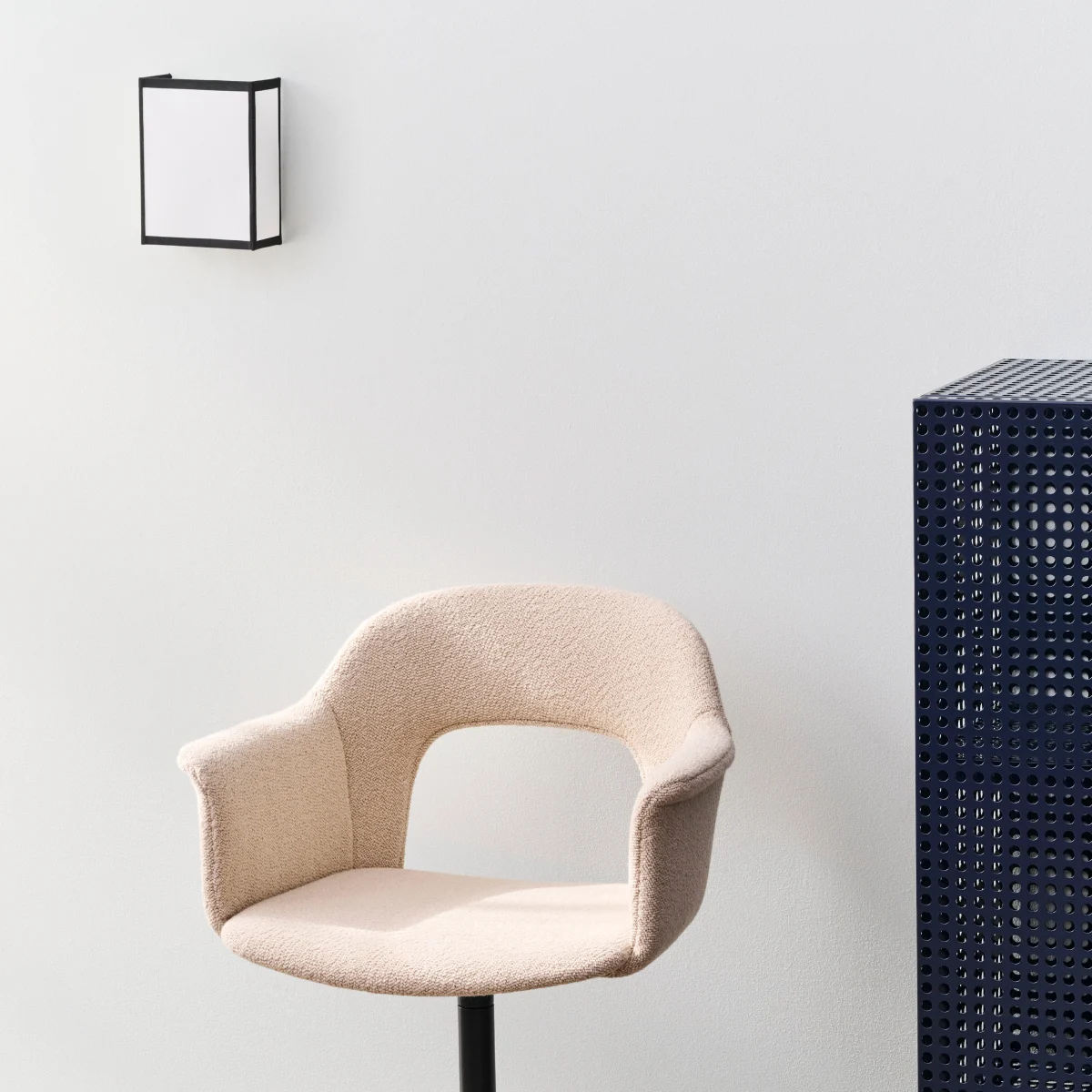 Layout Armchair 234 black alu swivel base uph Turf sand_Perforated Cabinet Floor M steel blue_Ava Square Wall Lamp white 1