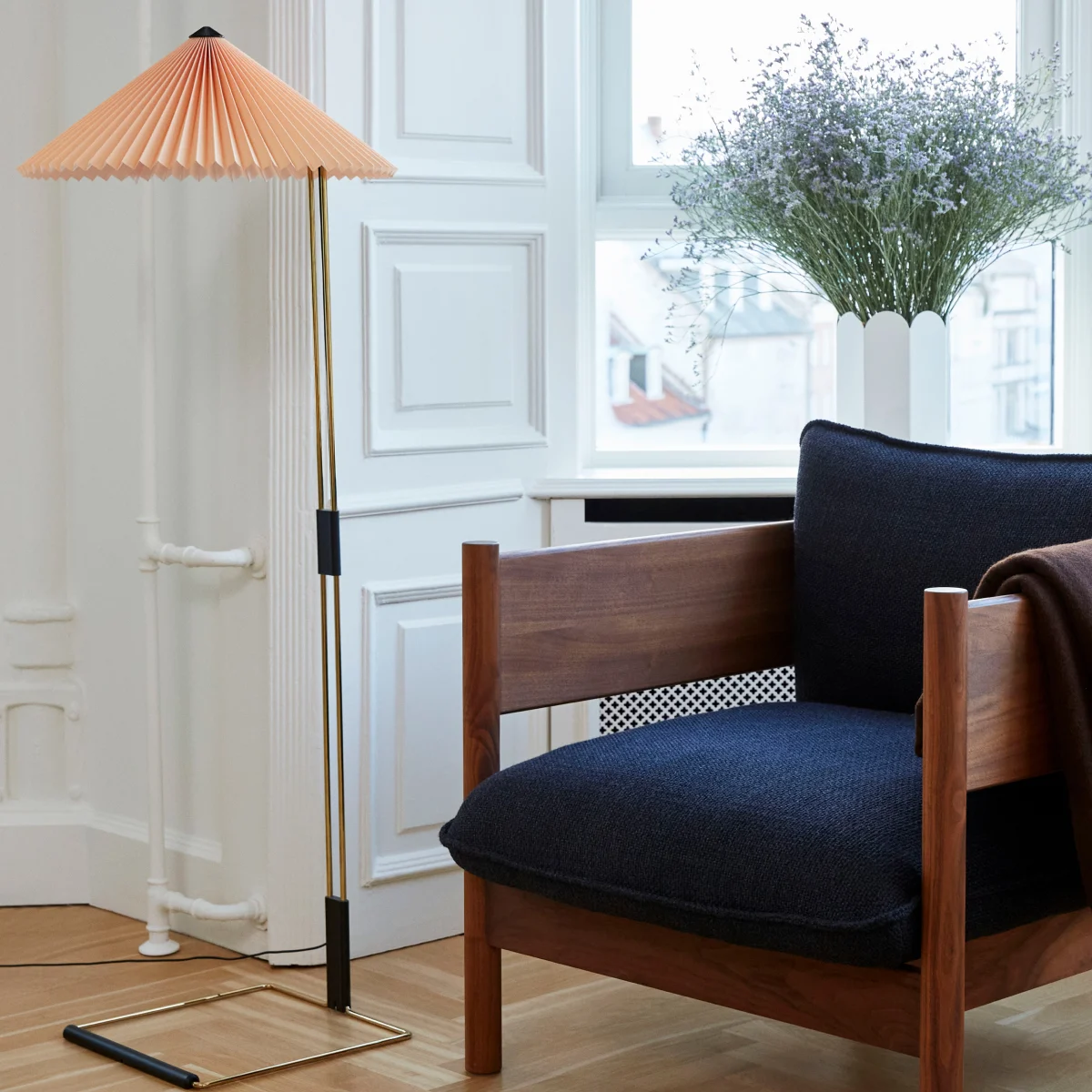 Matin Floor Lamp 500 peach shade_Arbour Club Armchair Tartaglia 871 oiled waxed walnut base 1